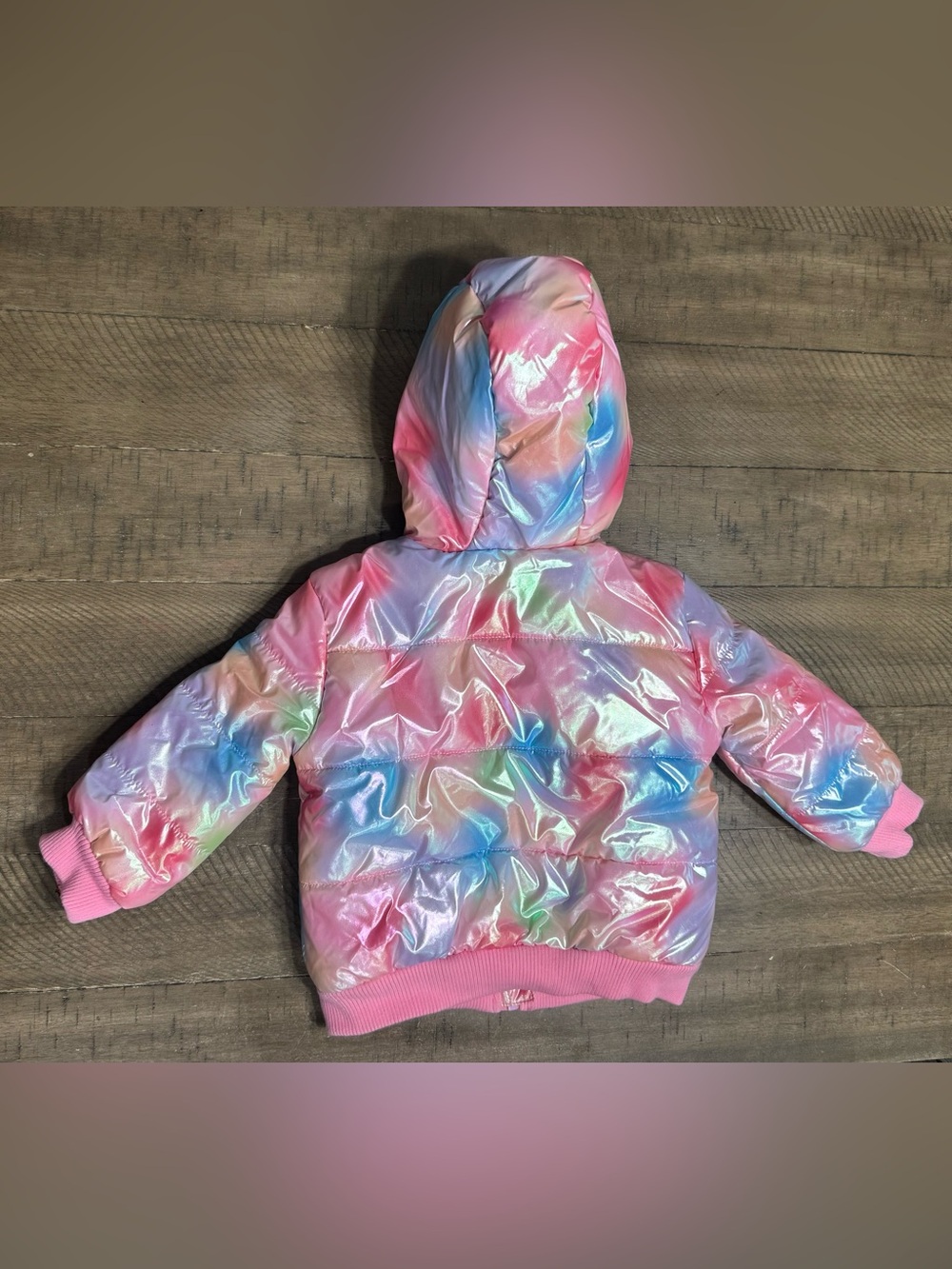 Trolls Toddler Girl Iridescent Puffer Jacket with Hood & Poppy Embellishment|2T - Picture 3 of 5